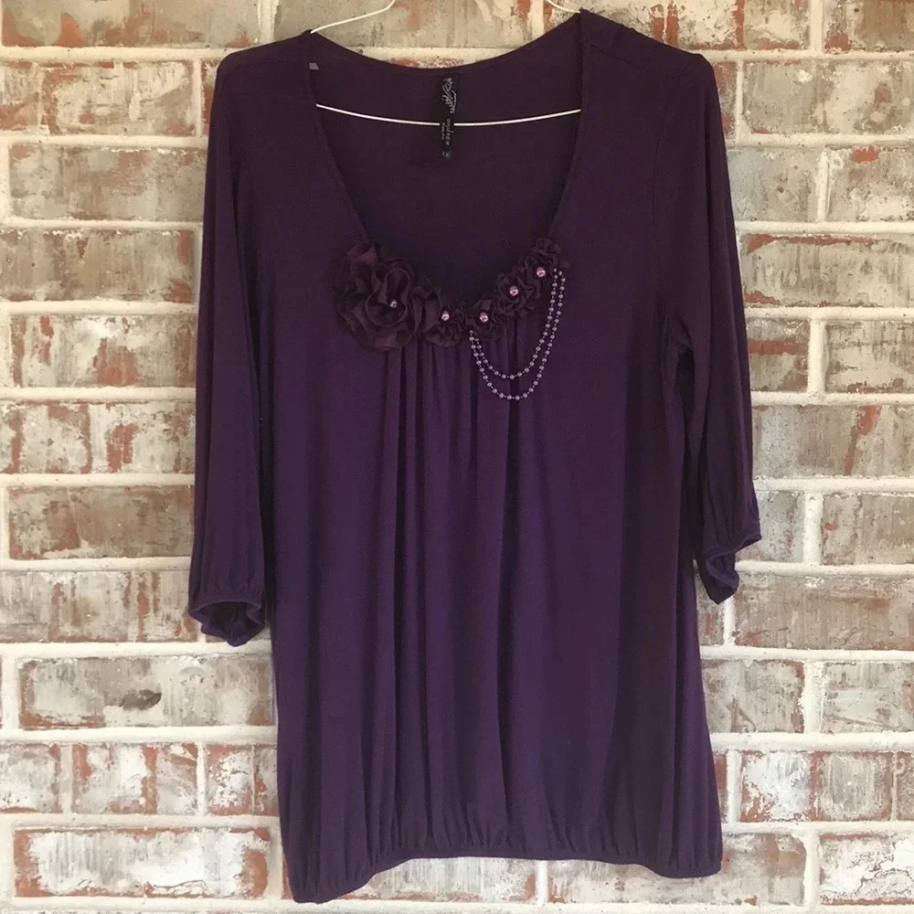 Andrea Purple Beaded Rosette ‎ Blouse